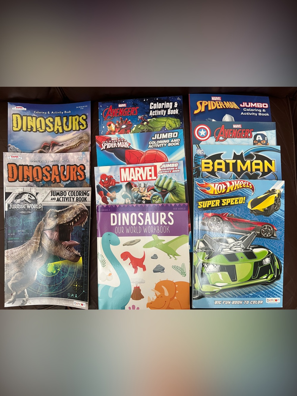 Set of 11 coloring activity books- dinosaurs, marvel Batman and hot wheels